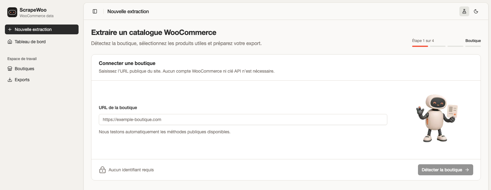 Champ permettant de saisir l’URL publique d’une boutique dans ScrapeWoo