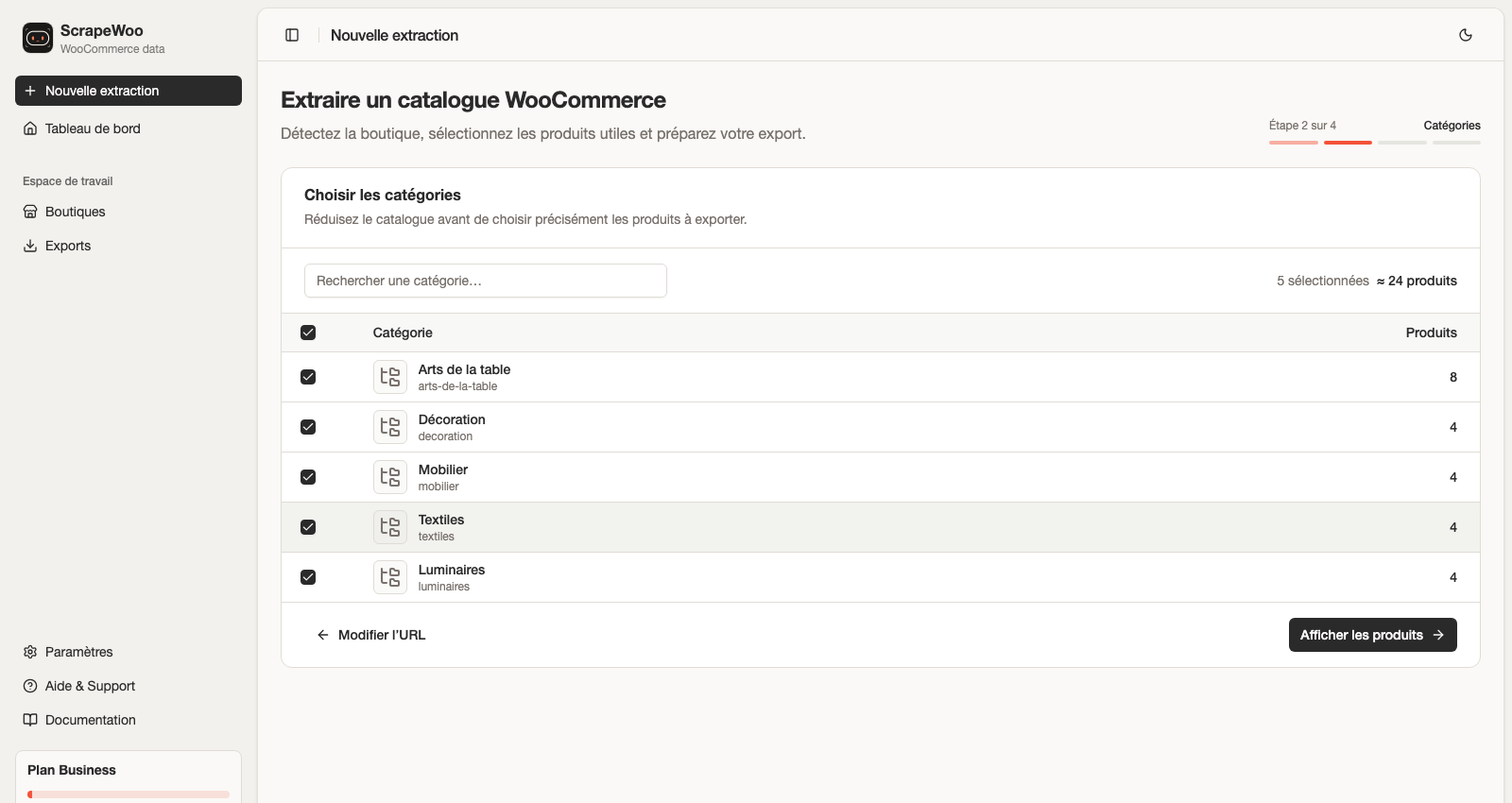 Tableau de sélection des catégories détectées sur une boutique WooCommerce