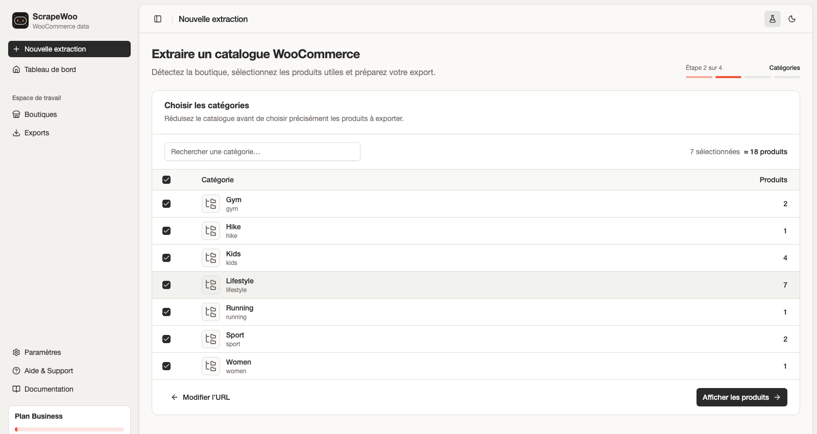 Tableau de sélection des catégories détectées sur une boutique WooCommerce