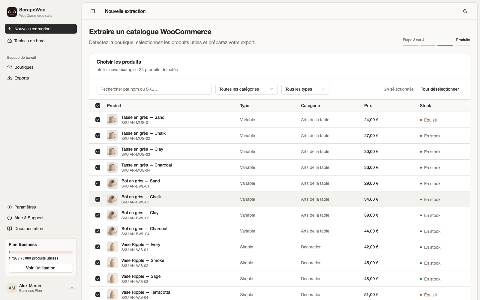 Catalogue ScrapeWoo avec recherche, filtres et sélection individuelle des produits