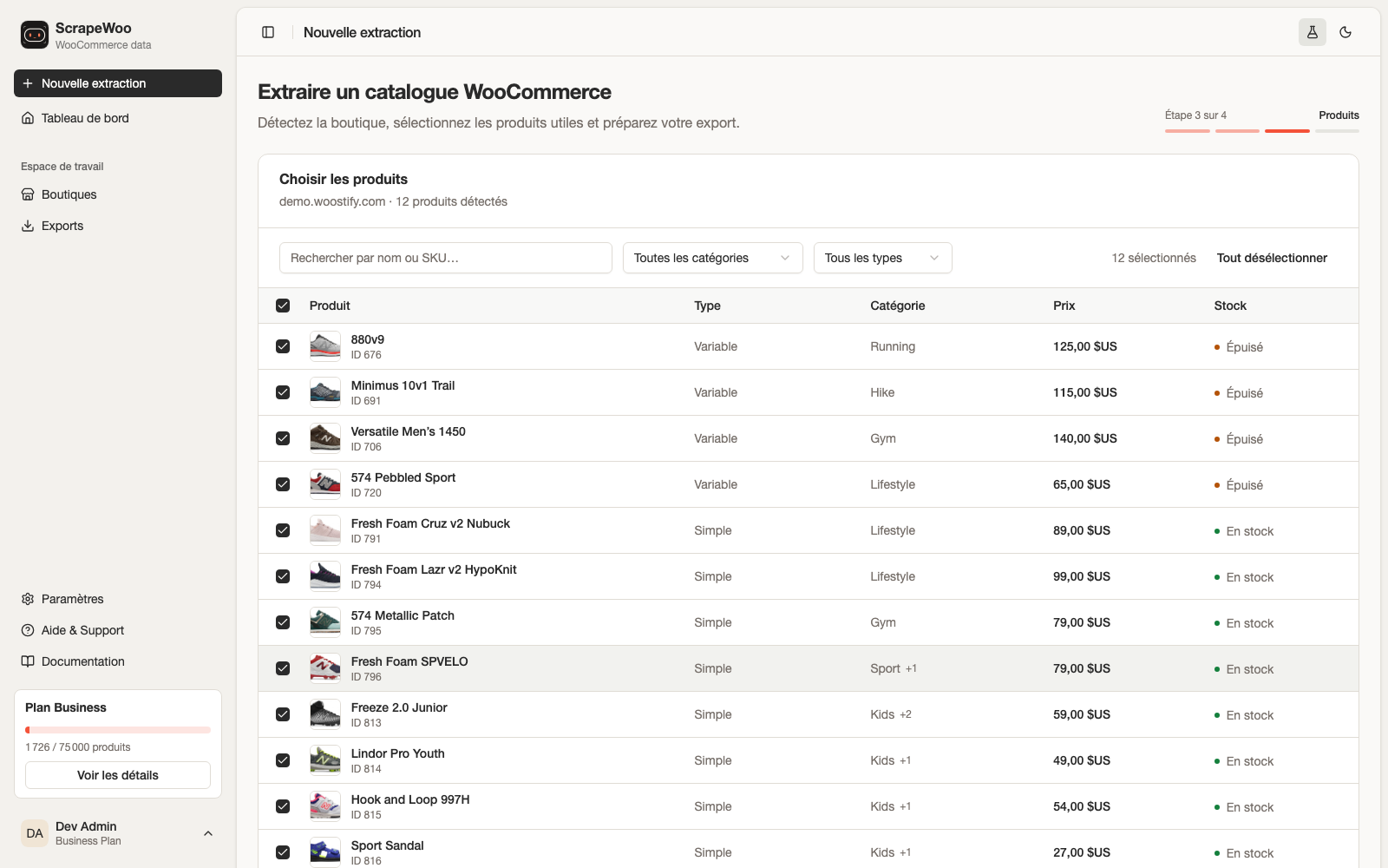 Catalogue ScrapeWoo avec recherche, filtres et sélection individuelle des produits