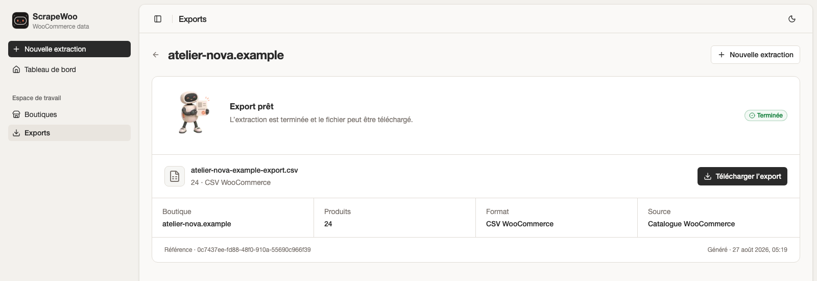 Page de résultat ScrapeWoo avec un export WooCommerce prêt à télécharger
