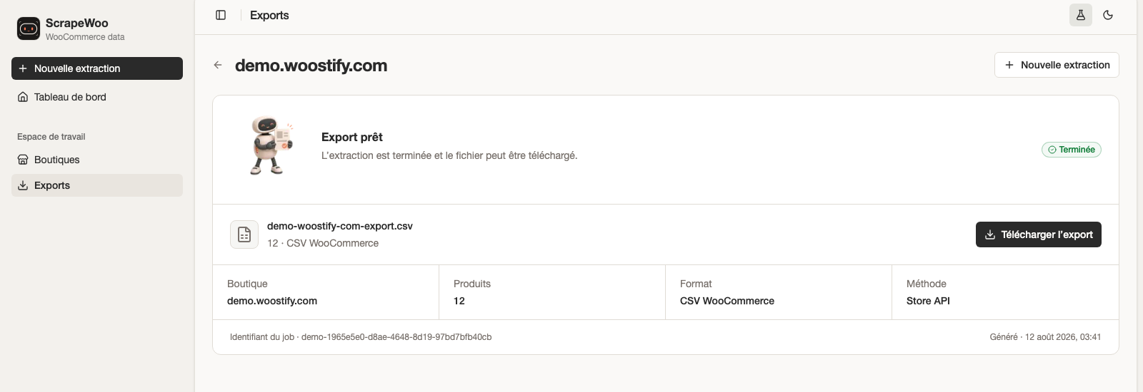 Page de résultat ScrapeWoo avec un export WooCommerce prêt à télécharger